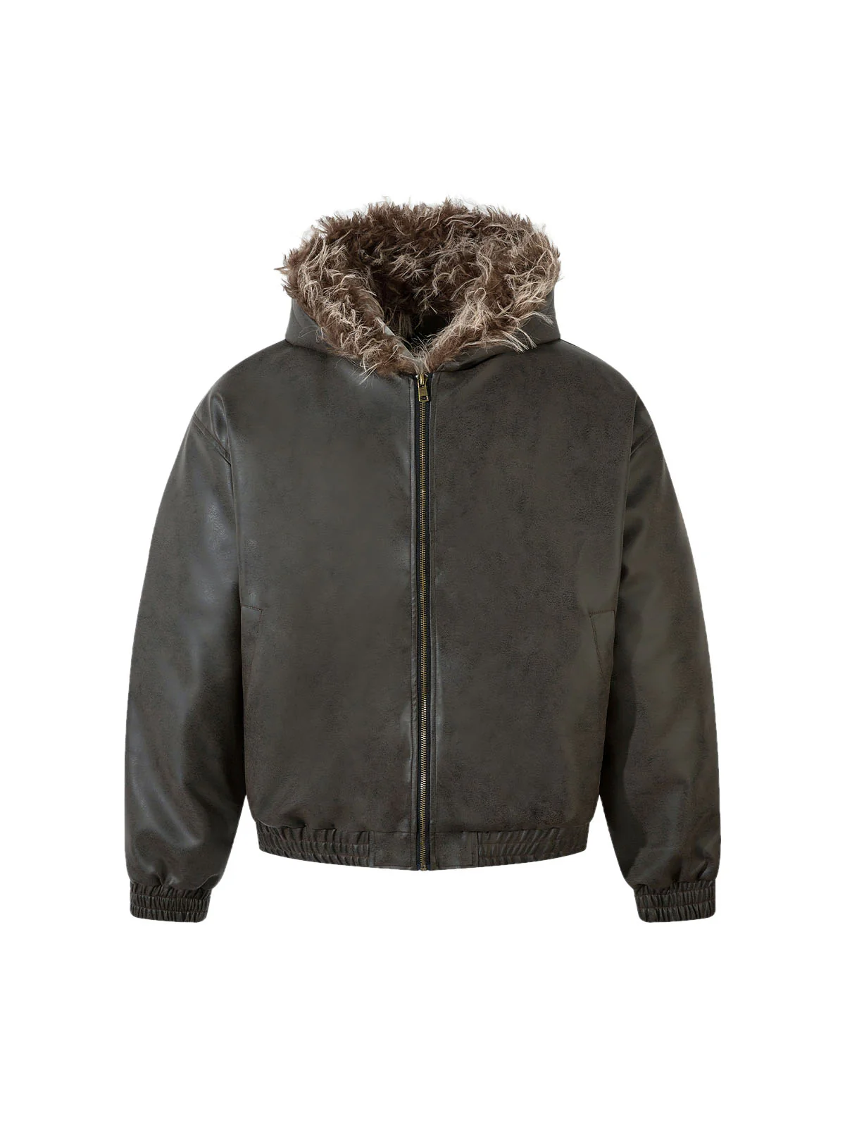 Leather Fur Hooded Fleece Jacket - FASHION