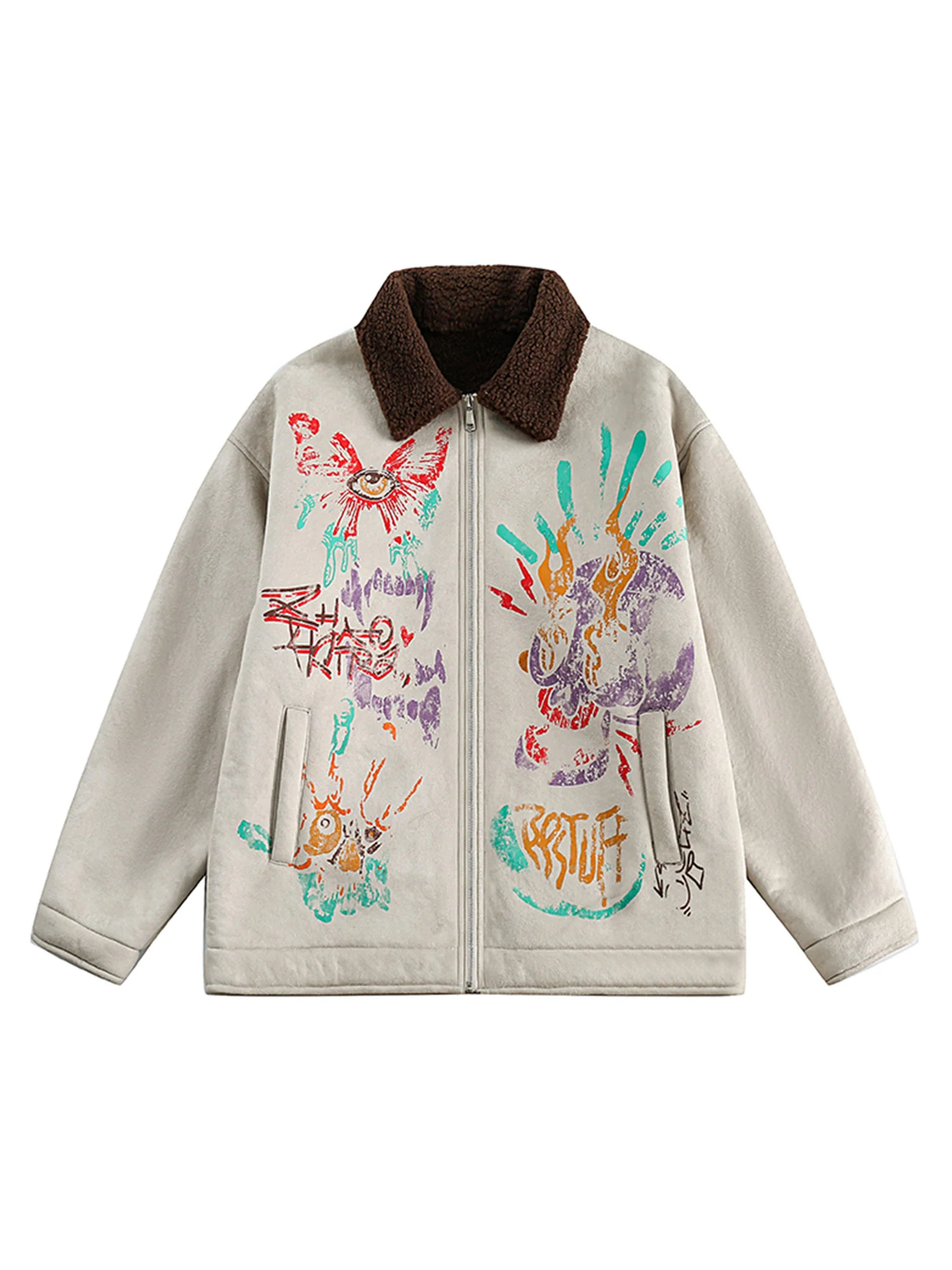 Graffiti Print Sherpa Jacket - FASHION