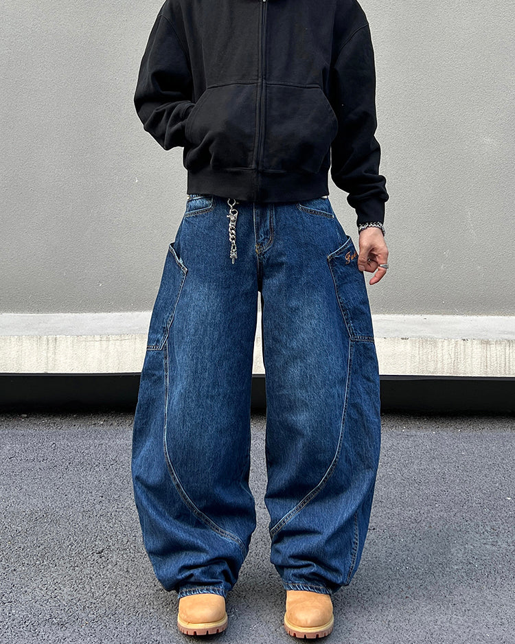 Large Pocket Curved Jeans - FASHION