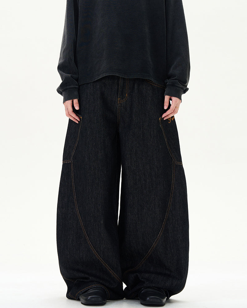 Curved Seam Denim Pants - FASHION